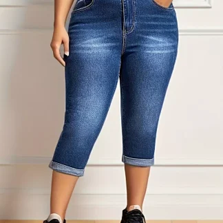 Calças capri jeans plus size elegantes com barra dobrada e cintura alta - Ajuste confortável e elástico