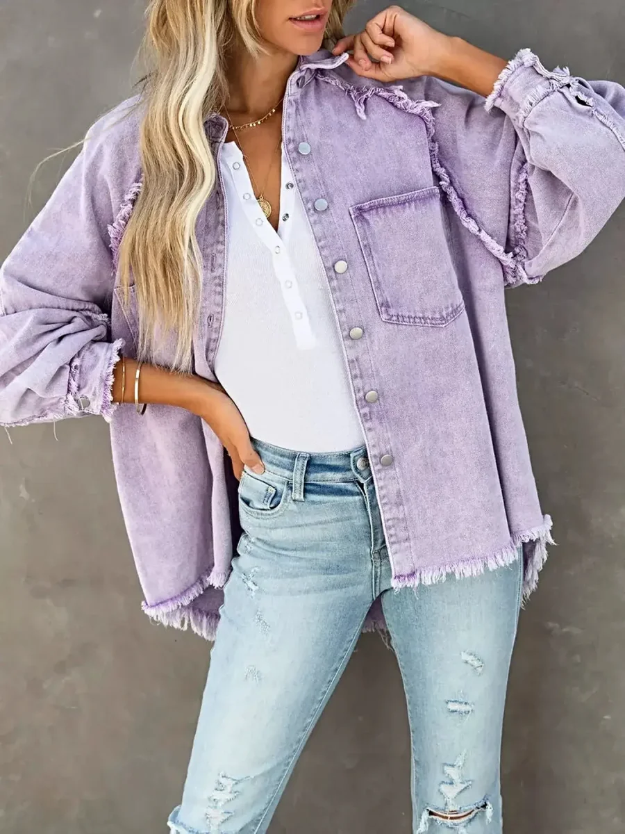 Jaqueta jeans feminina elegante com botões e barra desfiada - mistura de algodão, modelagem clássica. - Image 6