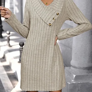 Vestido Perfee de manga comprida com decote em V e botão decorativo - Tecido elástico confortável