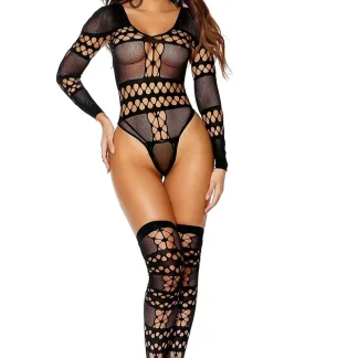 Body de crochê elegante de manga comprida com abertura na virilha e meias combinando na cor preta.