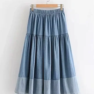 Saia jeans elegante com camadas - comprimento midi, 100% poliéster, lavável à máquina.