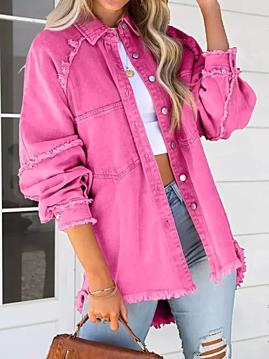 Jaqueta jeans feminina elegante com botões e barra desfiada - mistura de algodão, modelagem clássica. - Image 2