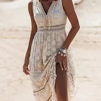 Vestido longo elegante com decote em V em renda e detalhe de franjas - Sem mangas, tecido 100% poliéster