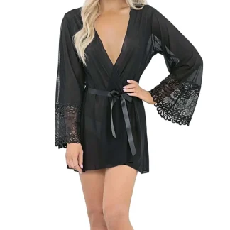Escante 24603 Robe com acabamento em renda floral e cinto de fita - Loungewear de malha luxuosa