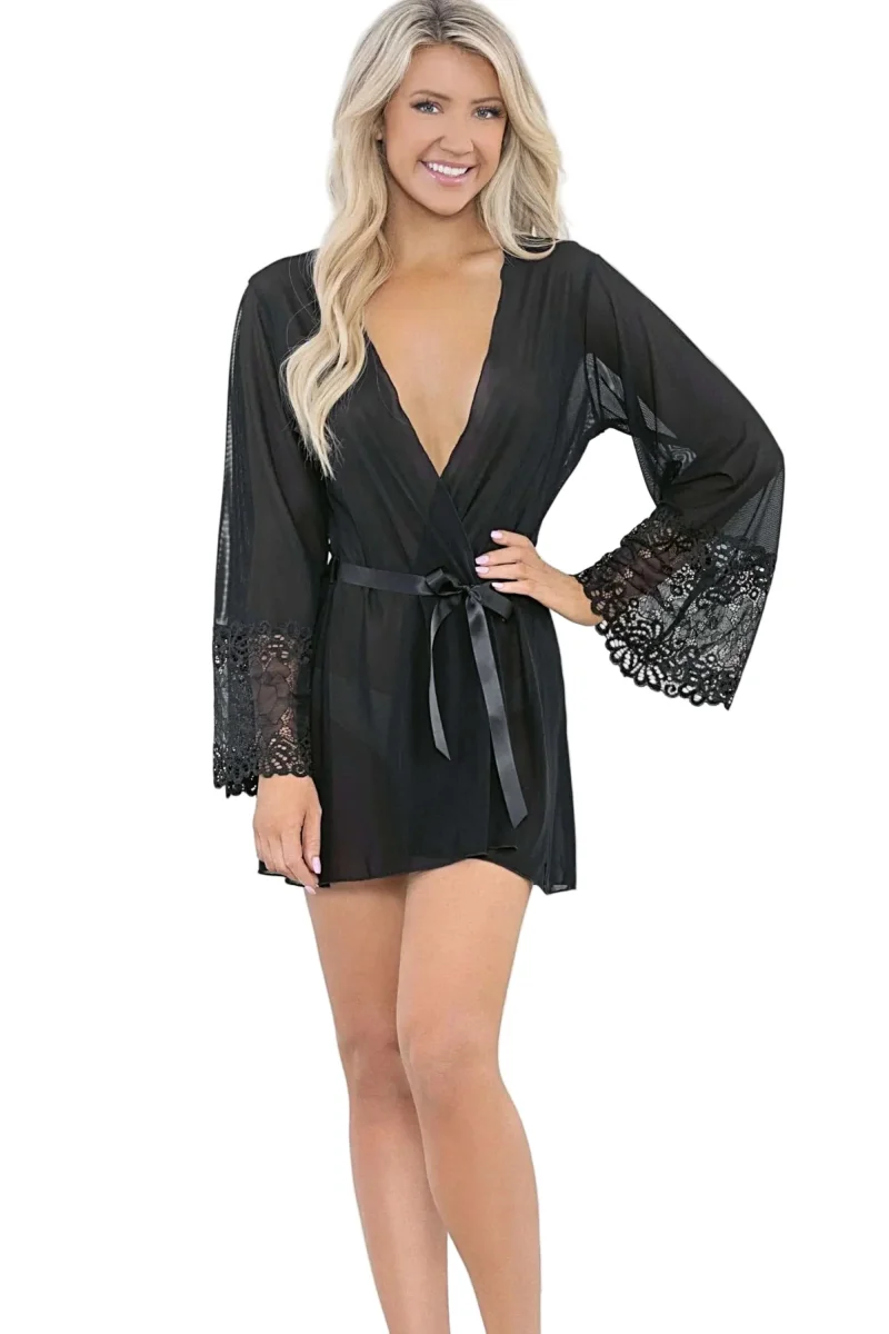 Escante 24603 Robe com acabamento em renda floral e cinto de fita - Loungewear de malha luxuosa