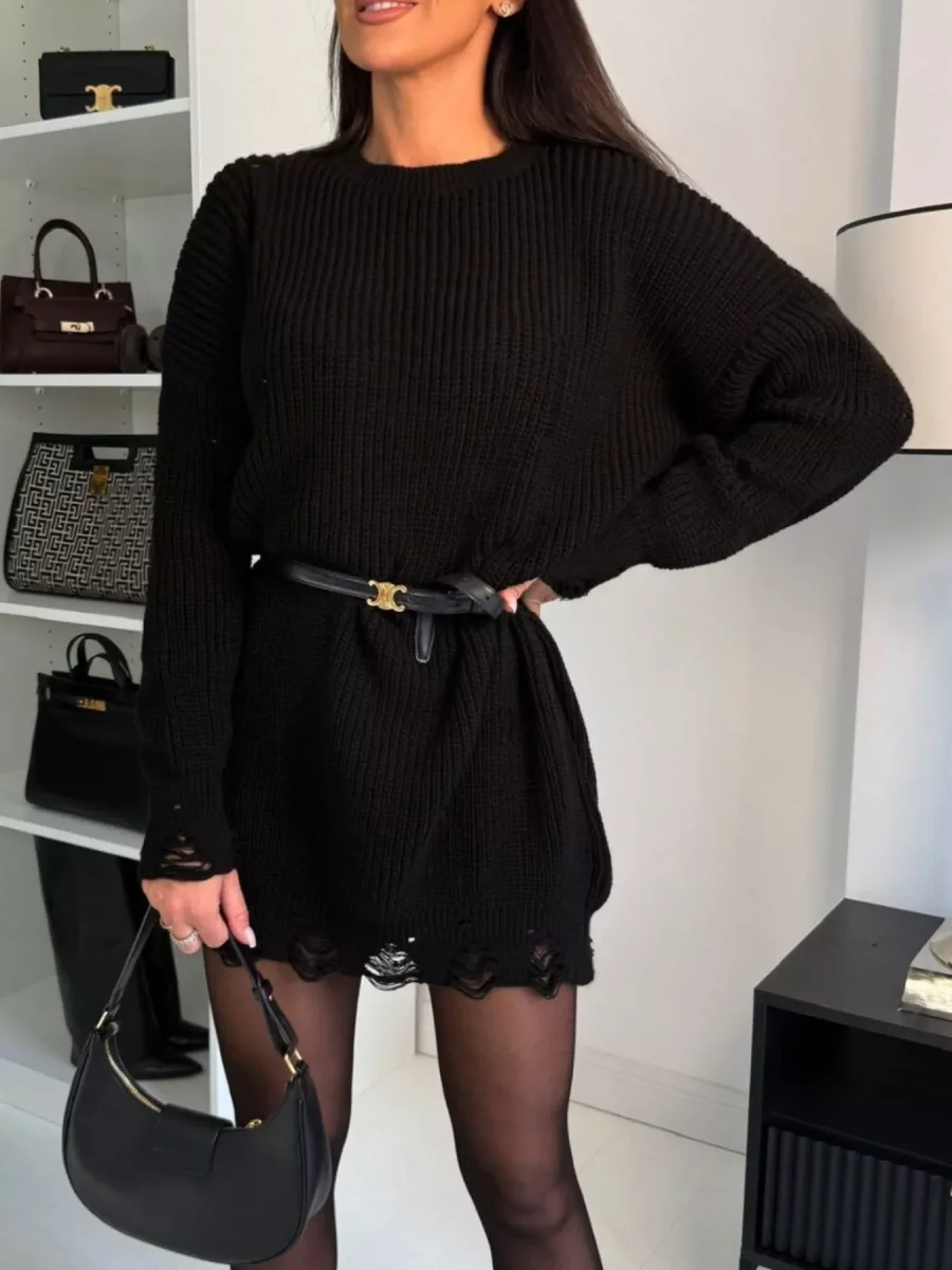 Vestido de malha com decote redondo e ombros caídos com efeito desgastado - Image 5