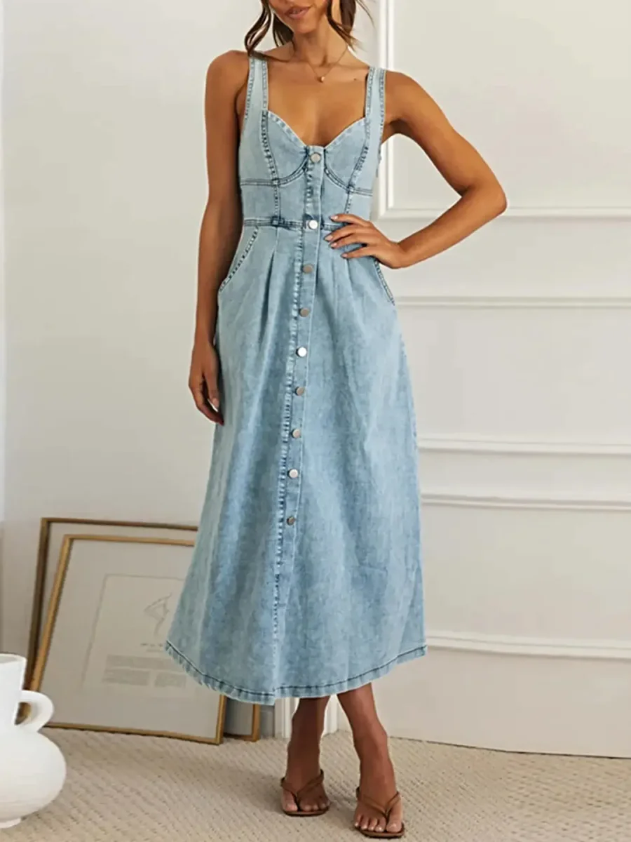 Vestido midi jeans com decote coração, botões frontais e bolsos - peça chique para o dia a dia. - Image 4