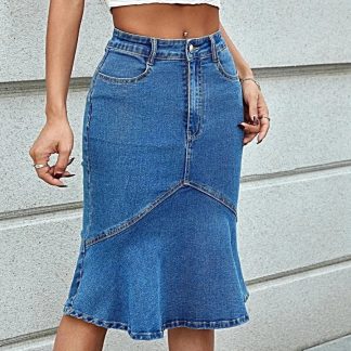 Saia sereia de cintura alta com bolsos - Jeans levemente elástico para um estilo descomplicado