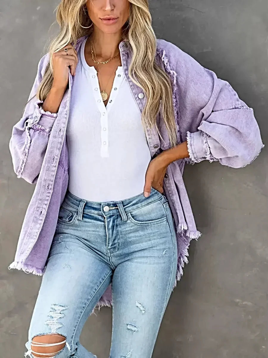 Jaqueta jeans feminina elegante com botões e barra desfiada - mistura de algodão, modelagem clássica. - Image 5