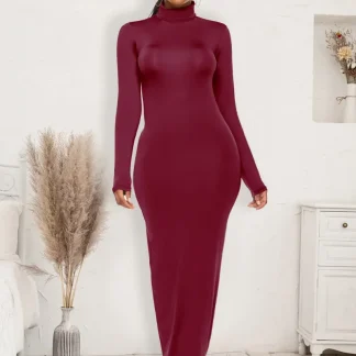 Vestido longo slim com decote falso e manga comprida