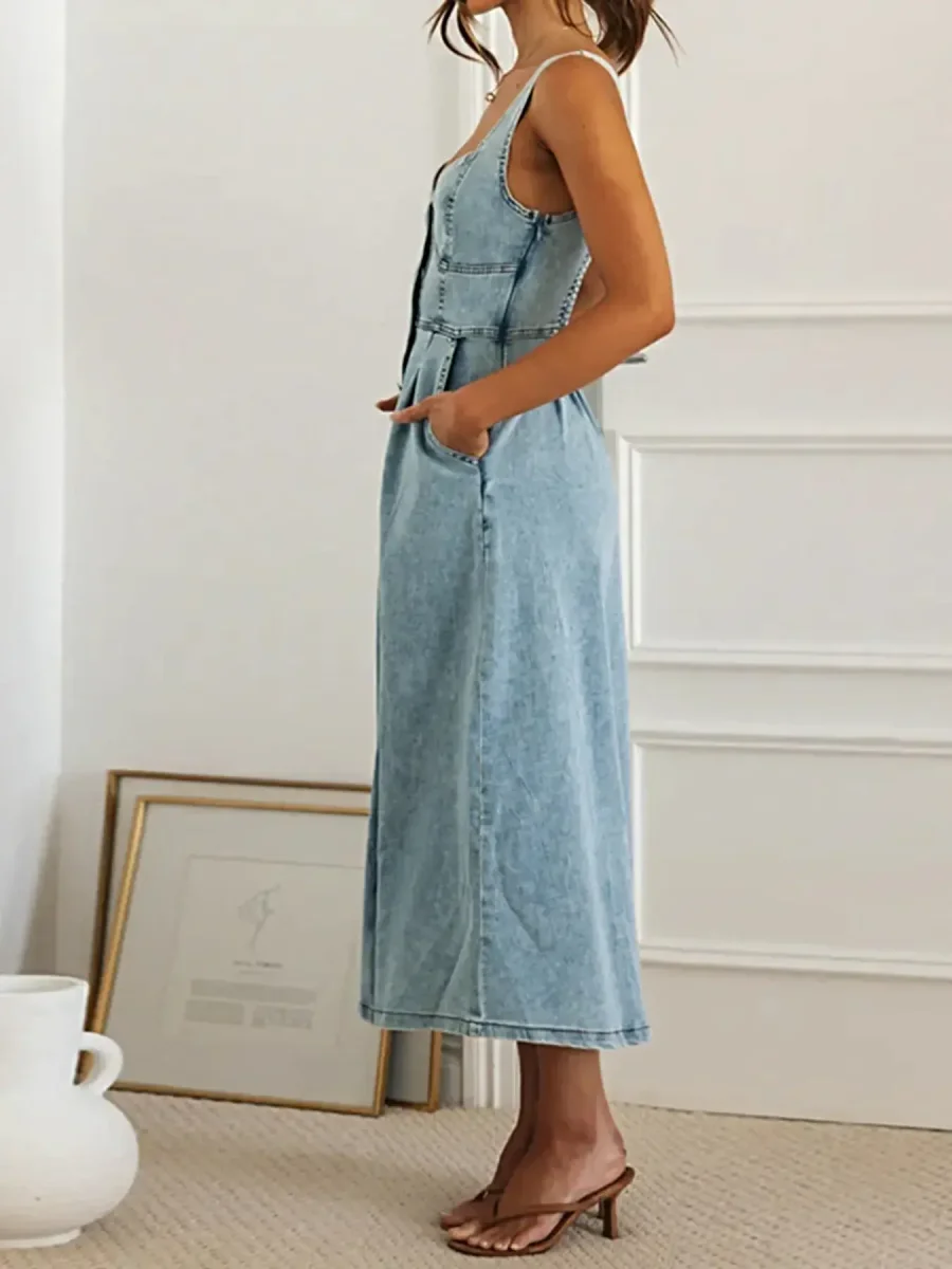 Vestido midi jeans com decote coração, botões frontais e bolsos - peça chique para o dia a dia. - Image 7