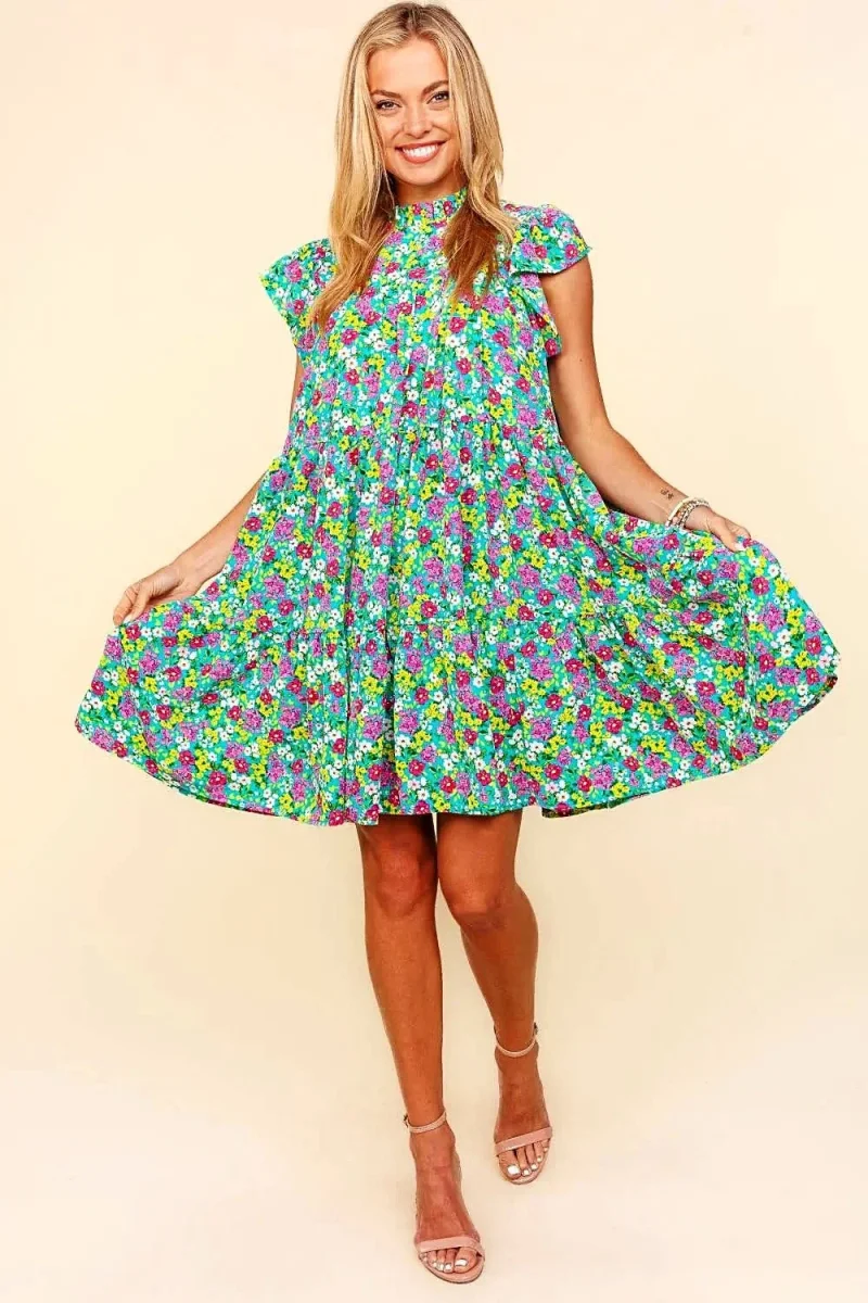 Vestido elegante com gola alta floral, mangas bufantes com babados e design em camadas. - Image 2