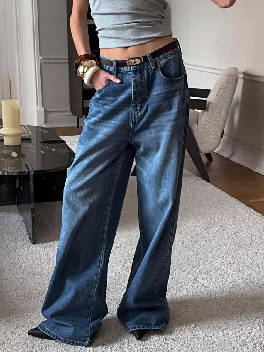 Calça jeans elegante de perna larga com bolsos, 95% viscose, sem elastano - caimento perfeito