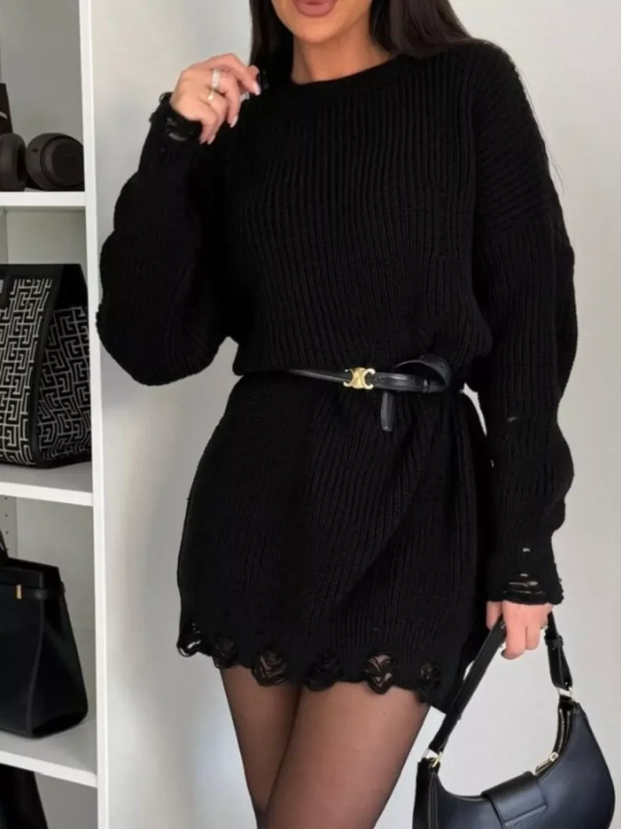 Vestido de malha com decote redondo e ombros caídos com efeito desgastado - Image 4