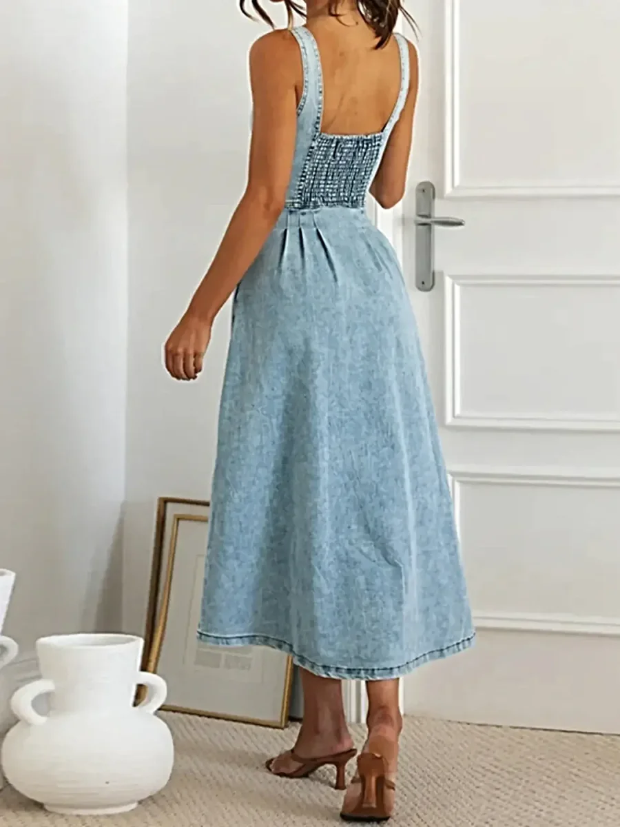 Vestido midi jeans com decote coração, botões frontais e bolsos - peça chique para o dia a dia. - Image 3