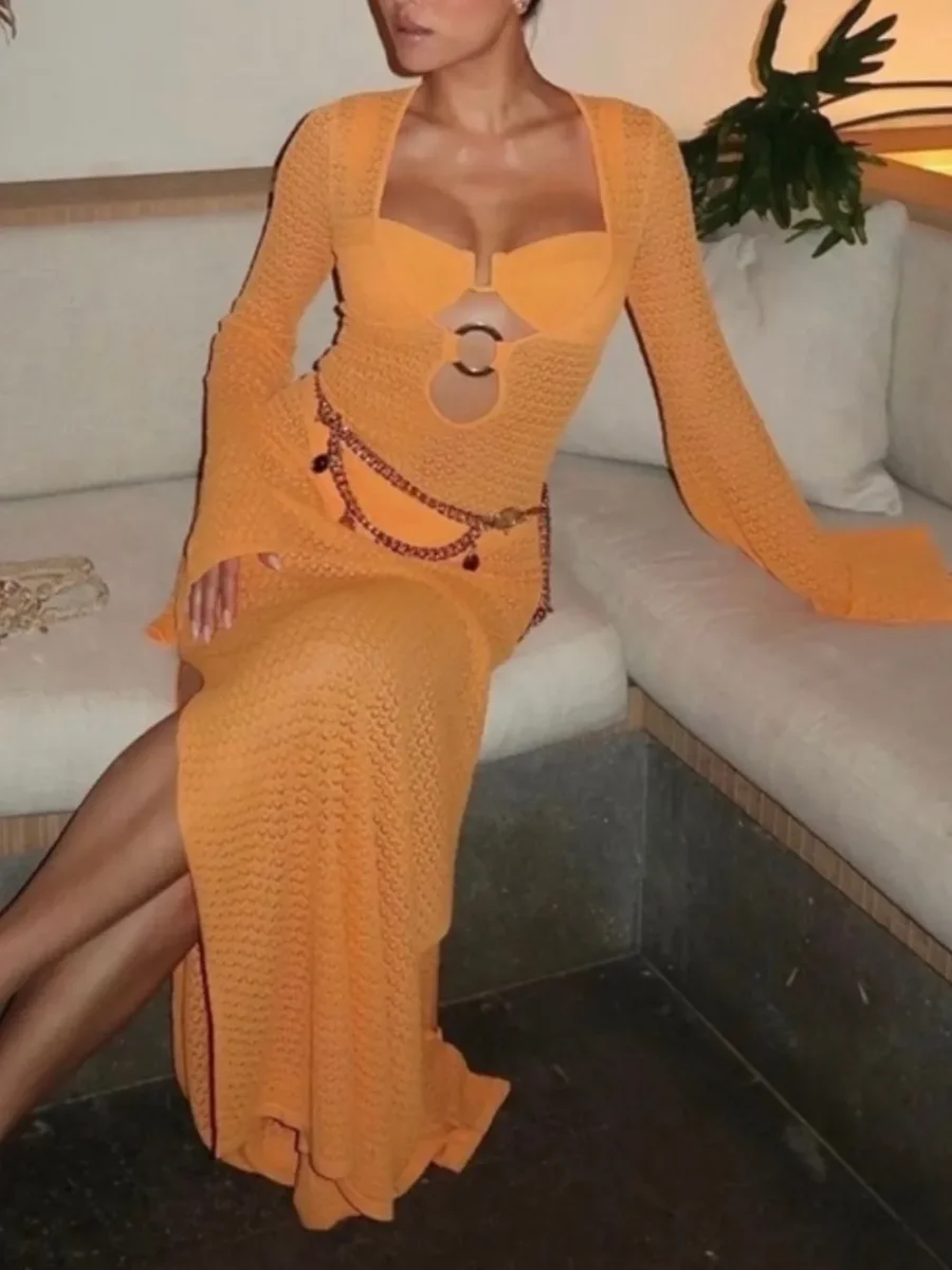 Vestido de saída de praia com fenda e manga flare - Image 3