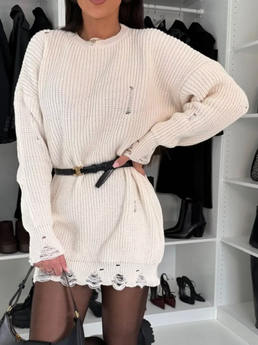 Vestido de malha com decote redondo e ombros caídos com efeito desgastado - Image 9