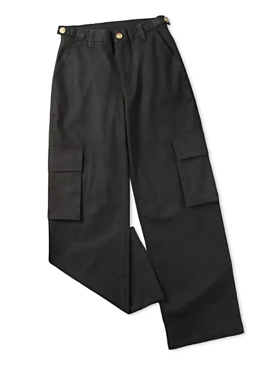 Calça jeans cargo elegante de cintura alta com bolsos e modelagem ampla e sofisticada. - Image 3