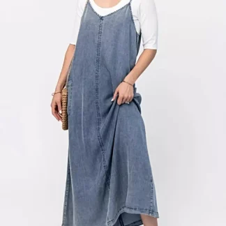 Vestido longo jeans curto e elegante - Azul clássico, 80% algodão, perfeito para um look casual chique.