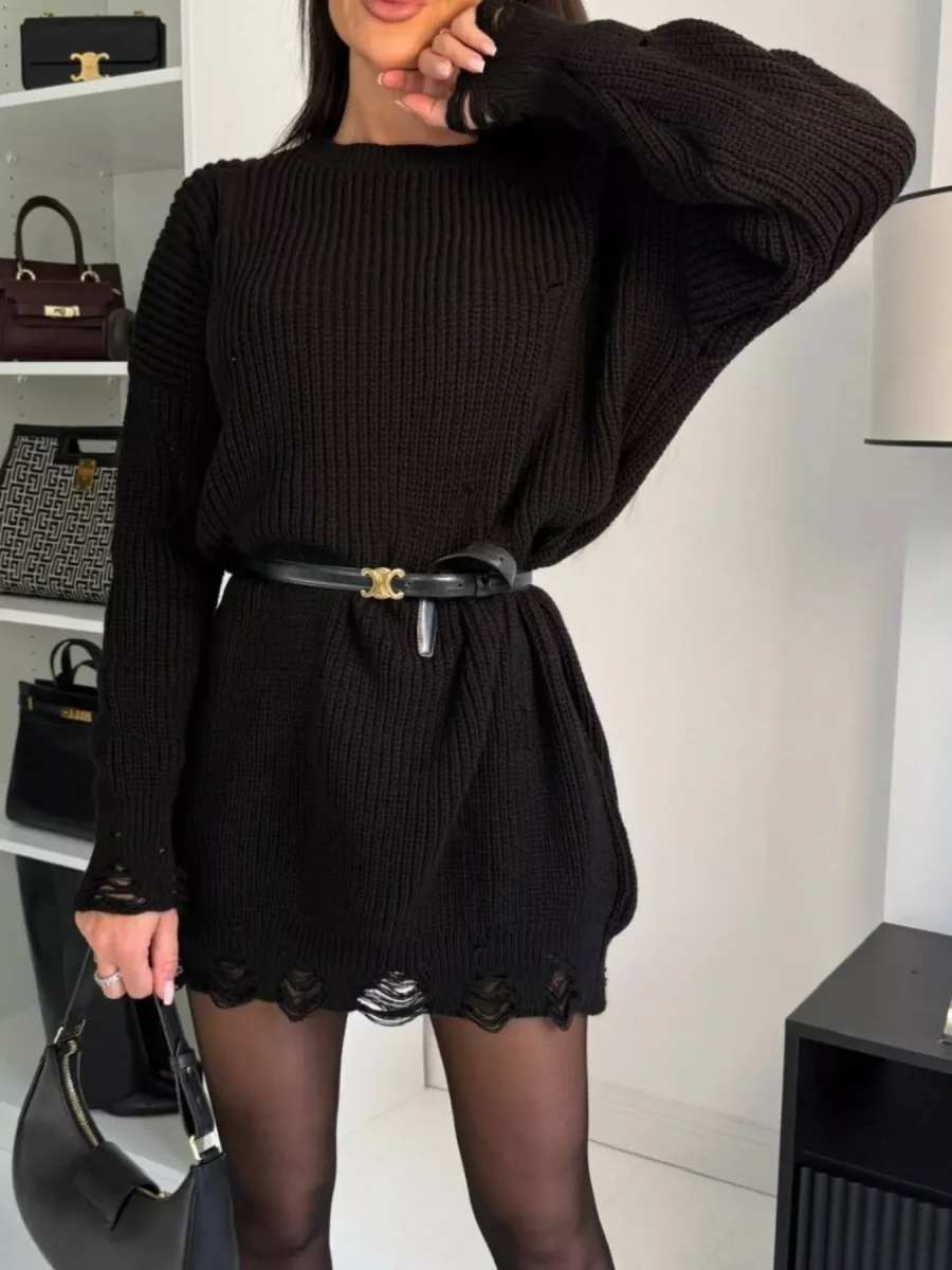 Vestido de malha com decote redondo e ombros caídos com efeito desgastado - Image 3