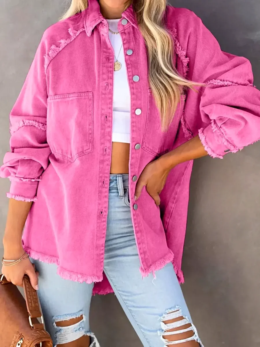 Jaqueta jeans feminina elegante com botões e barra desfiada - mistura de algodão, modelagem clássica. - Image 4