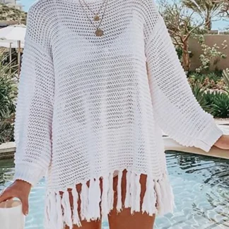 Angel Wings Openwork Tassel Hem Manga Longa Malha Cover Up