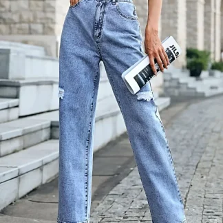 Calça jeans estilosa de cintura alta com efeito desgastado e fechamento clássico com botões - Mistura de algodão premium