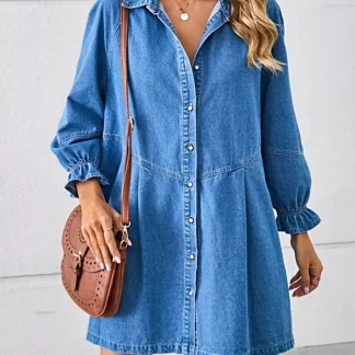 Vestido jeans elegante com botões frontais e punhos com babados - 90% poliéster, sem elastano, importado.