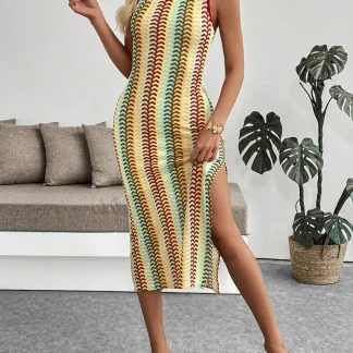 Vestido de malha sem mangas com estampa chevron