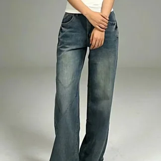 Calça jeans vintage de perna larga com bolsos - 85% algodão premium, sem elastano, elegância atemporal.