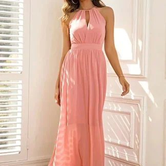 Vestido longo elegante com recortes e amarração na cintura, com detalhes franzidos – Levemente elástico e opaco, 100% poliéster.