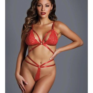 Conjunto de sutiã de renda vermelha - sutiã com alças ajustáveis e tanga sedutora, Allure Lingerie