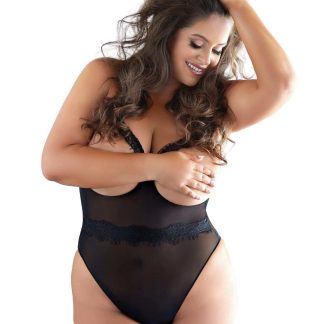 Selena Plus Size Sheer Mesh Open Cup Teddy with Eyelash Lace, Adjustable Halter Neck