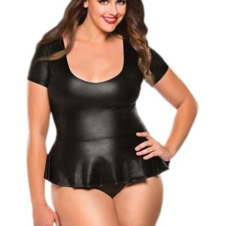 Conjunto de top peplum e calcinha fio dental em couro sintético, nas cores preto ou vermelho - Lingerie Allure ultramacia