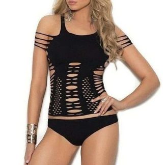 Conjunto de camisola recortada Elegant Moments 1322 com tanga combinando - Preto luxuoso, tamanho único