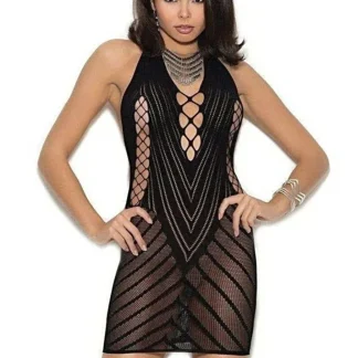 Vestido preto de crochê com decote halter e detalhes recortados Elegant Moments 1371