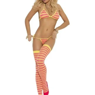 Conjunto de 3 peças Elegant Moments 1535 - Sutiã listrado combinando com calcinha e meia-calça em rosa/amarelo