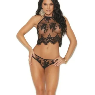 Conjunto de blusa regata preta Elegant Moments com decote halter em tule, detalhes bordados e franzidos.