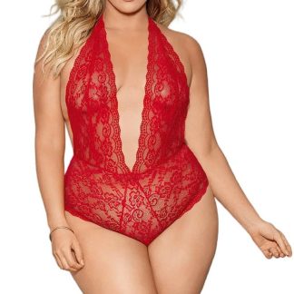 Body Euphoria vermelho com abertura na virilha da Escante - Design com decote halter em renda por toda a peça, tamanho Queen.