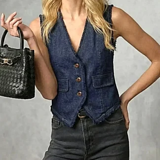 Colete jeans estiloso com barra desfiada, detalhes de botões e bolsos - Trendsi