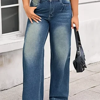 Calça jeans plus size de perna larga em lavagem vintage - design clássico com bolsos, 85% algodão.