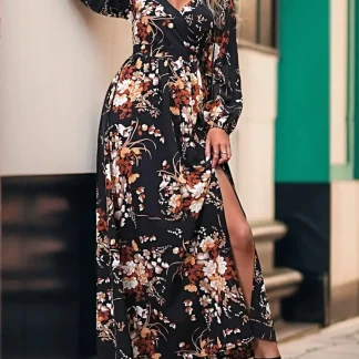 Vestido maxi Perfee Elegante 100% poliéster com fenda - Manga comprida e decote transpassado