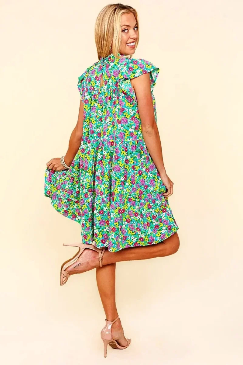 Vestido elegante com gola alta floral, mangas bufantes com babados e design em camadas. - Image 3