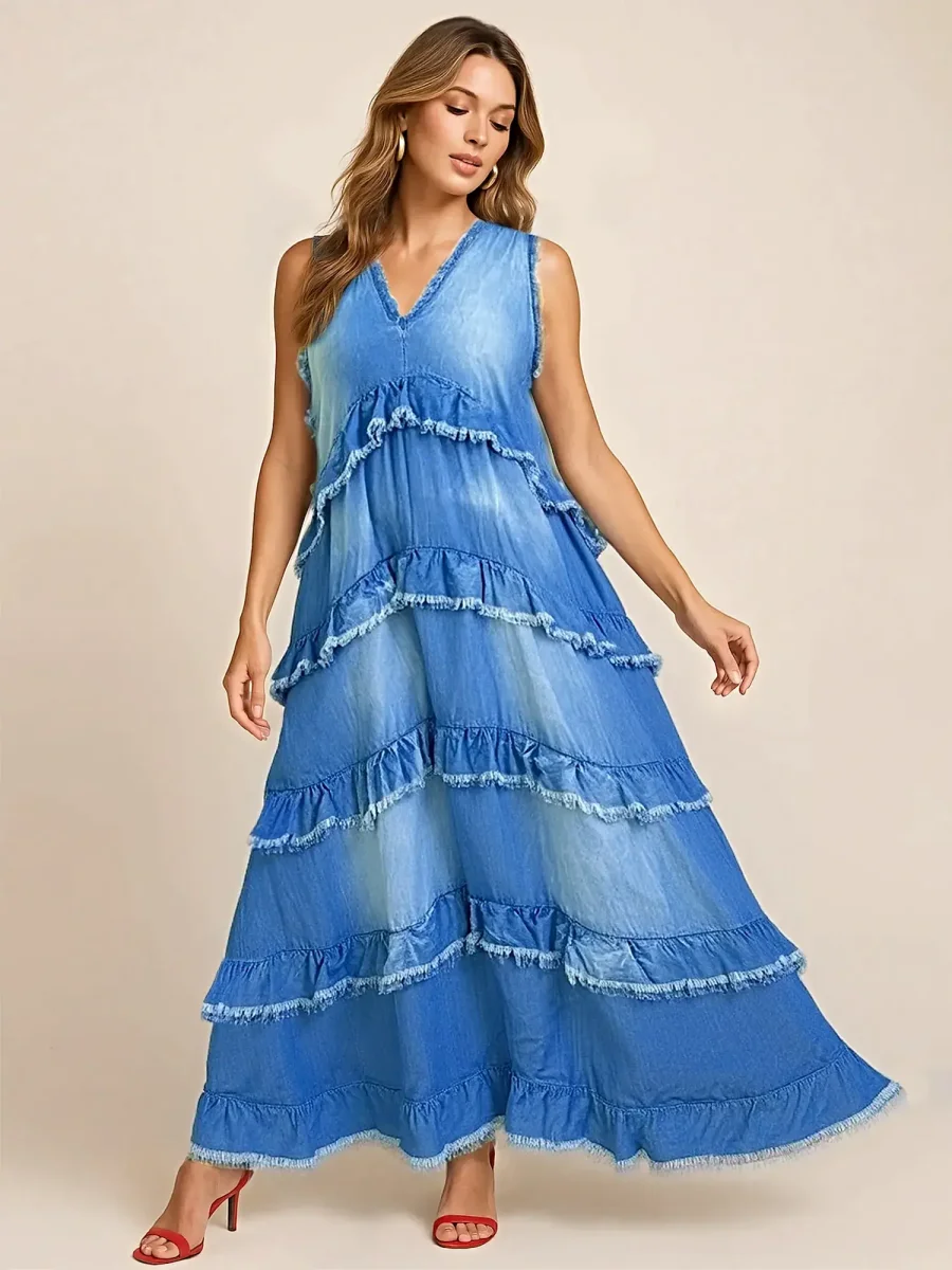 Vestido maxi elegante com barra desfiada e sobreposição de babados - Estilo jeans atemporal para todas as ocasiões. - Image 2