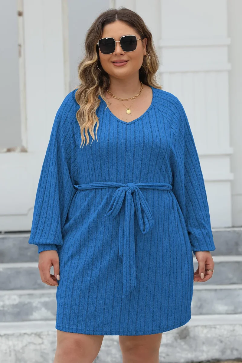 Vestido suéter plus size com nervuras e amarração frontal e manga comprida - Image 2