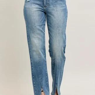 Judy Blue Tamanho Grande Cintura Alta Lavagem Vintage Costura Frontal e Fenda Reta Plus Size