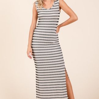 Vestido longo listrado Mittoshop com decote redondo e sem mangas