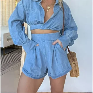 Conjunto de blusa de manga comprida e shorts com bolsos – Look estiloso de duas peças em jeans
