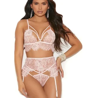 Conjunto elegante de sutiã e calcinha com detalhes em renda e cílios - 3 peças com calcinha fio dental e cinta-liga.