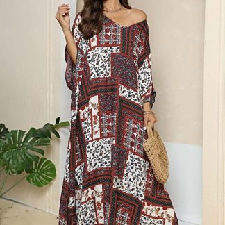 Vestido maxi estampado elegante com decote em V e fenda na barra, mangas três-quartos estilo dolmã.